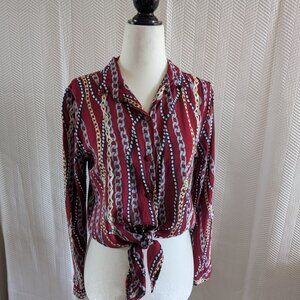 Chain Print Blouse Retro Style Size Small Tie Front Burgundy Cotton 80's 90's